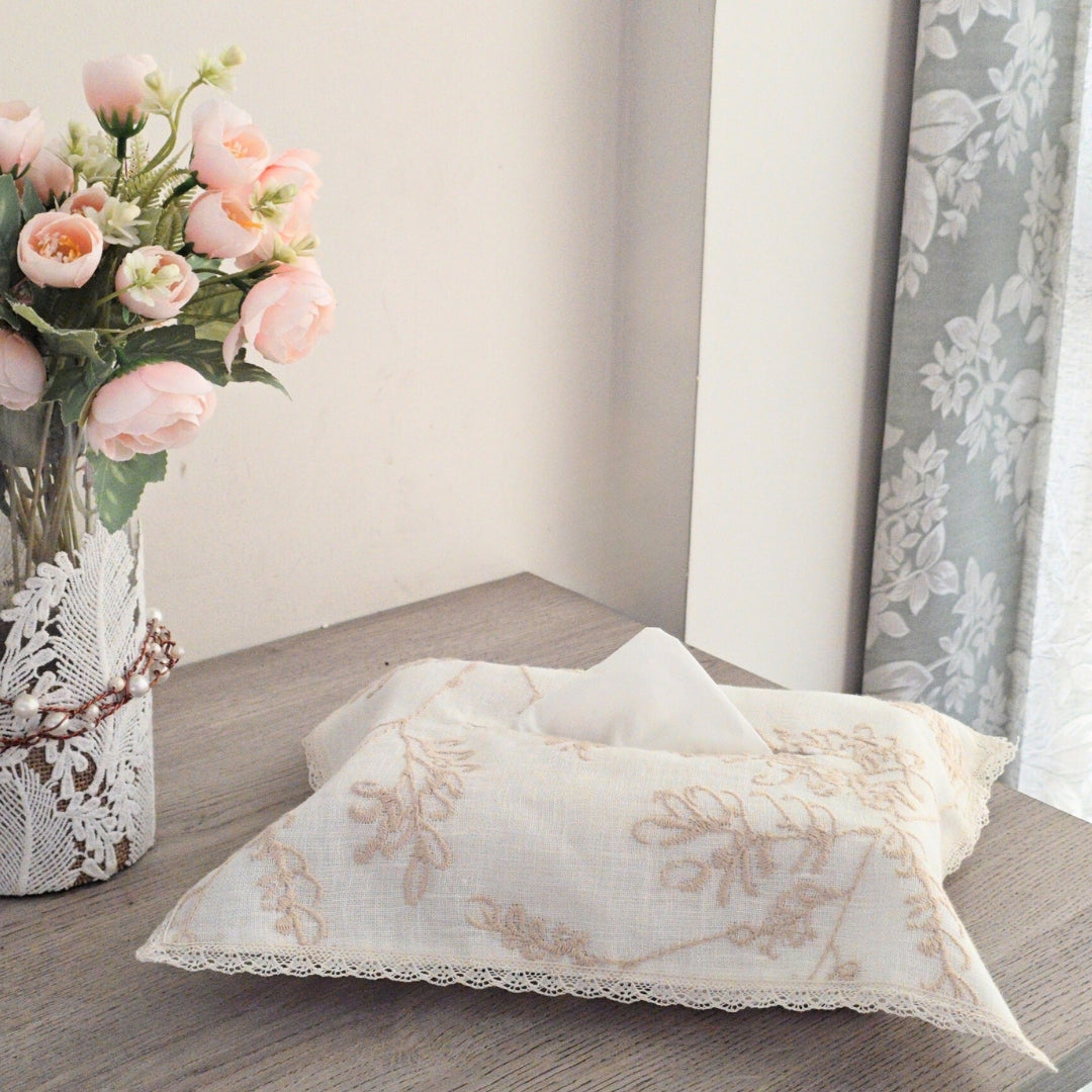 Beige Floral Tissue Box Cover